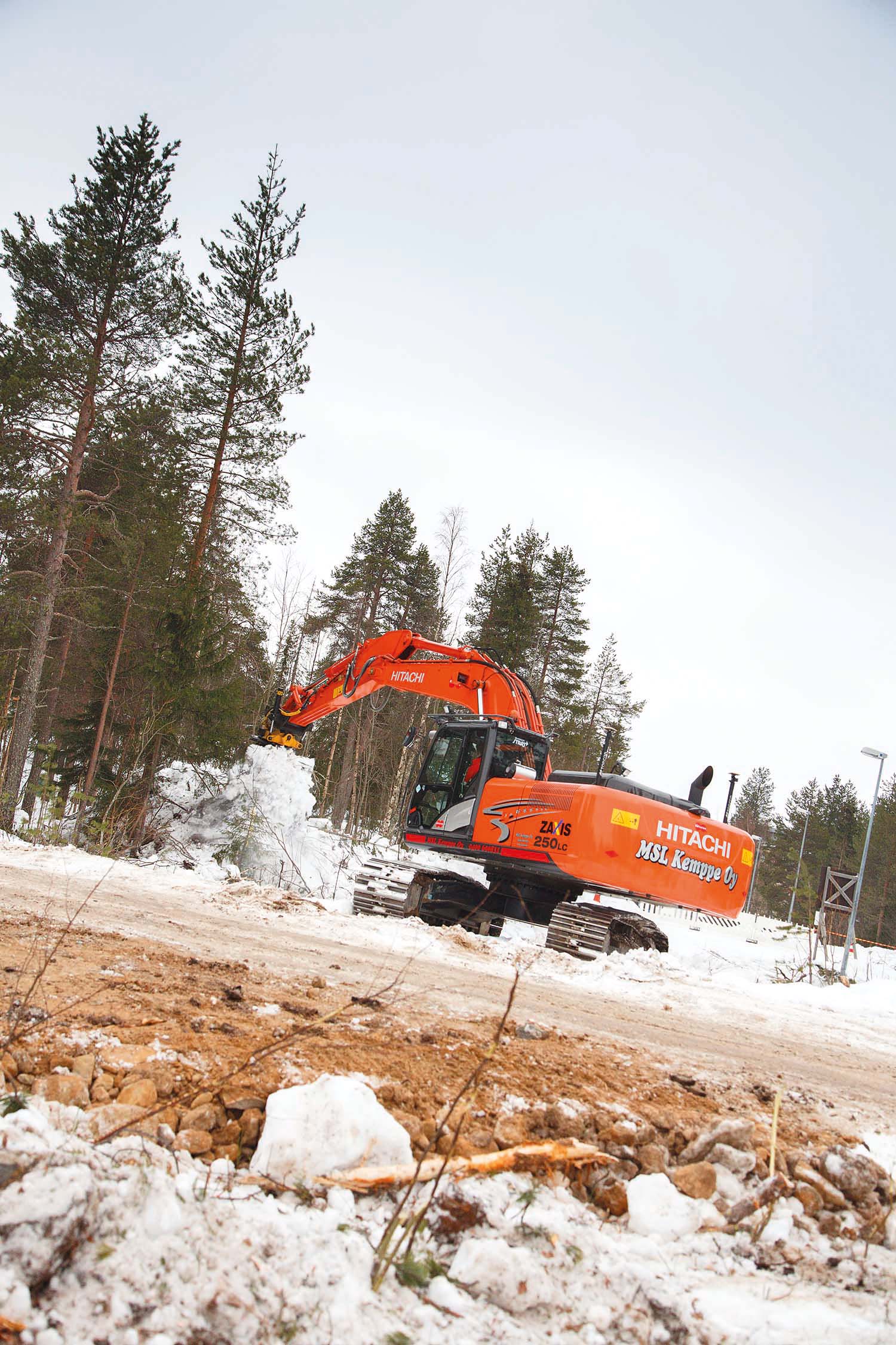 The new Hitachi excavator is working on road construction in Finland’s northern town of Rovaniemi Finnish road project Hitachi ZX250LC-5