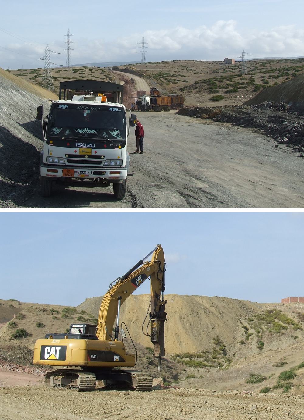 1. The extensive machine fleet on site also includes service and fuel trucks 2. Secondary breaking with a hydraulic hammer is removing oversized rock in the path of the road service and fuel trucks and CAT breaker with a hydraulic hammer