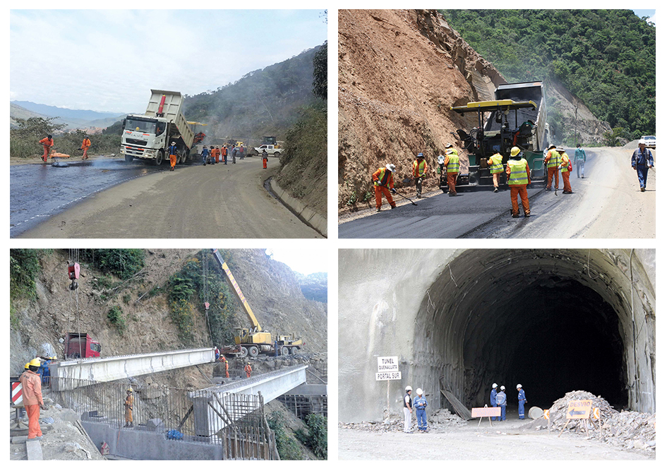 TOP LEFT & TOP RIGHT: An asphalt surface has been laid over crushed rock ABOVE LEFT: Bridge structures have been constructed using pre-cast concrete sections ABOVE RIGHT: The tunnel features shotcreting and bolting to support the structure Brazil-Bolivia-Chile Inter-oceanic Corridor