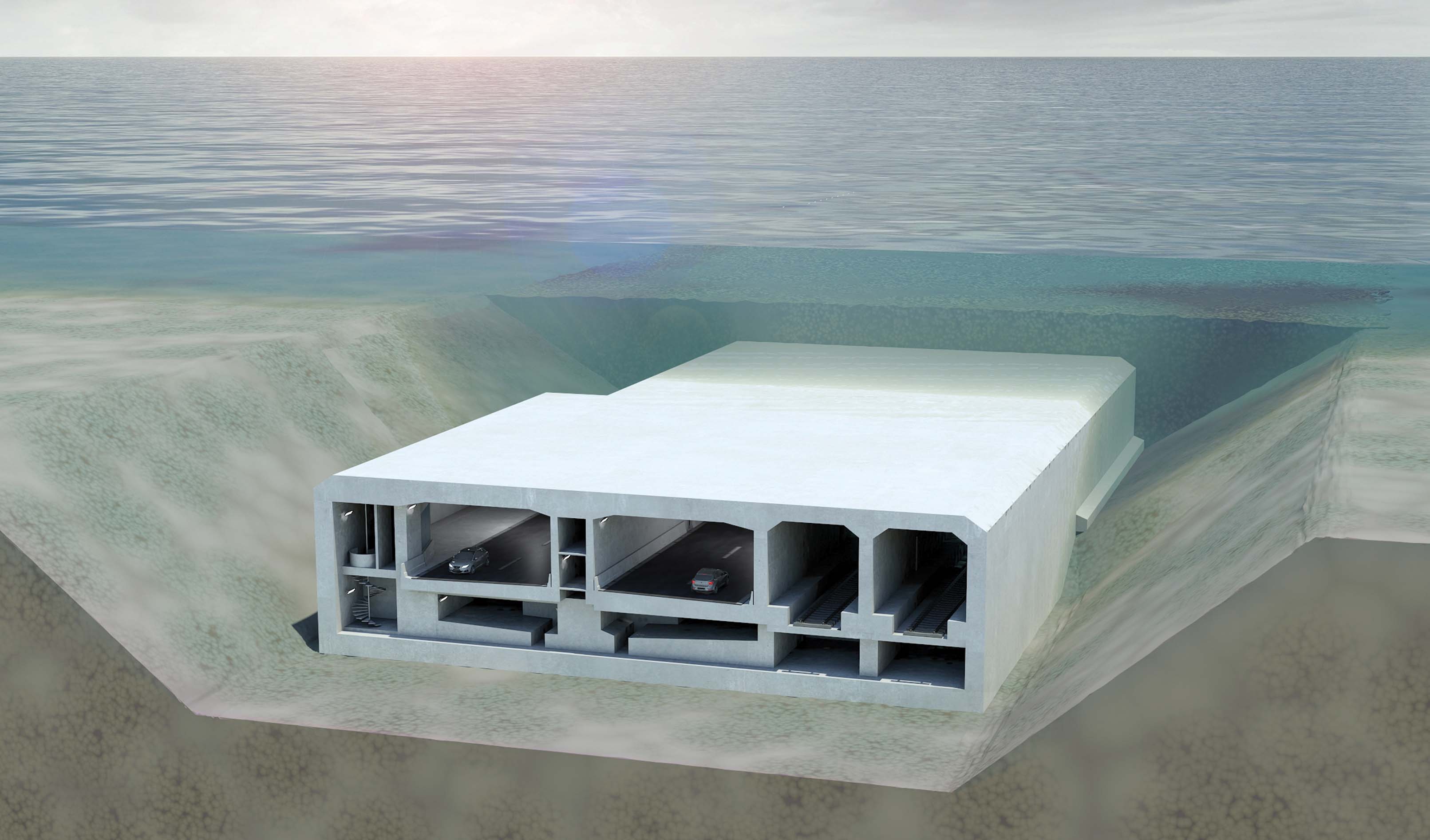 One of 10 special elements that include a lower shallower deck for mechanical and electrical equipment and which houses tunnels for maintenance work Fehmarnbelt special element maintenance