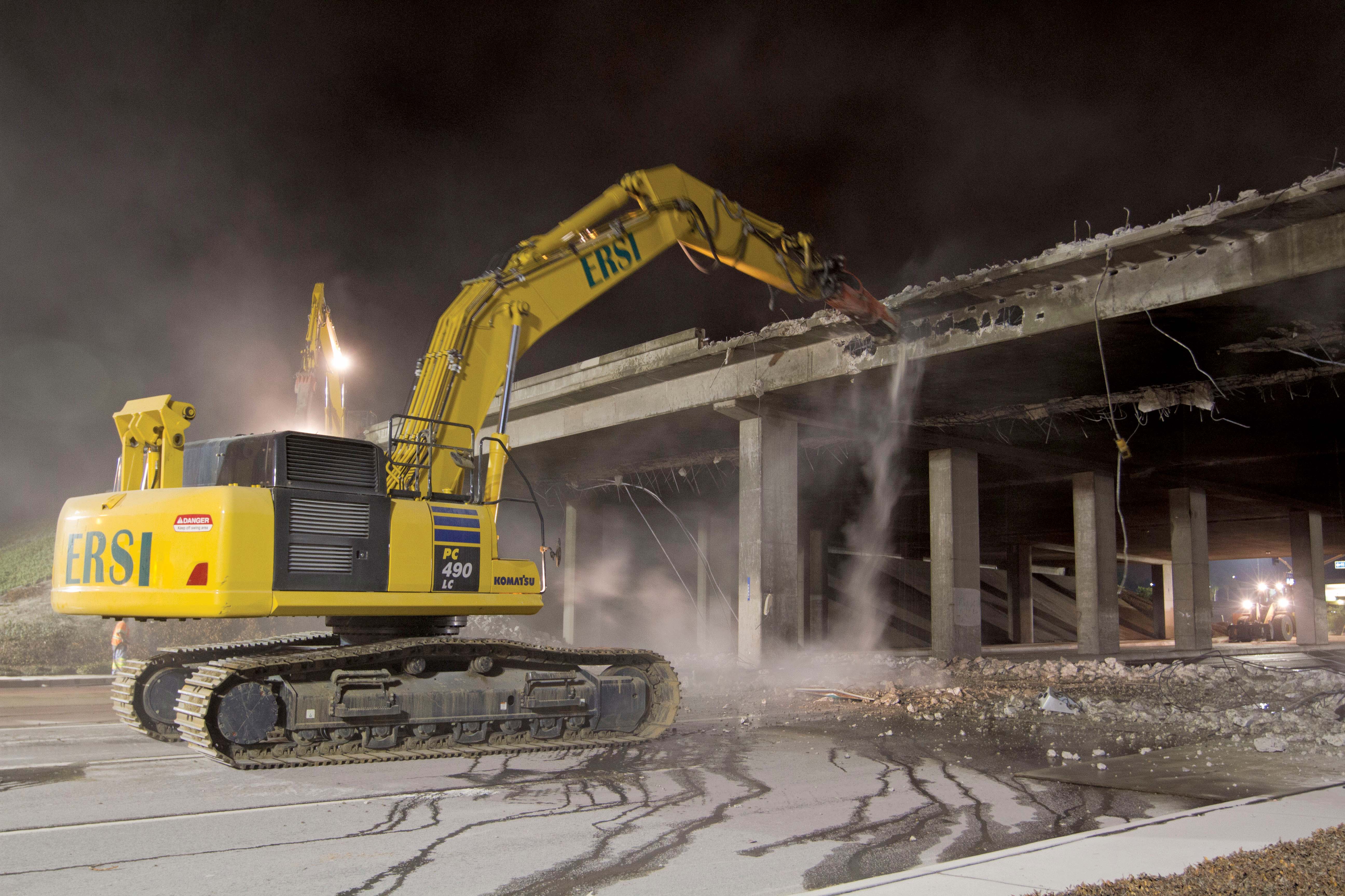 Tough working conditions proved no obstacle to safe removal of the old overpass in Southern California Rammer 4099 hydraulic hammer
