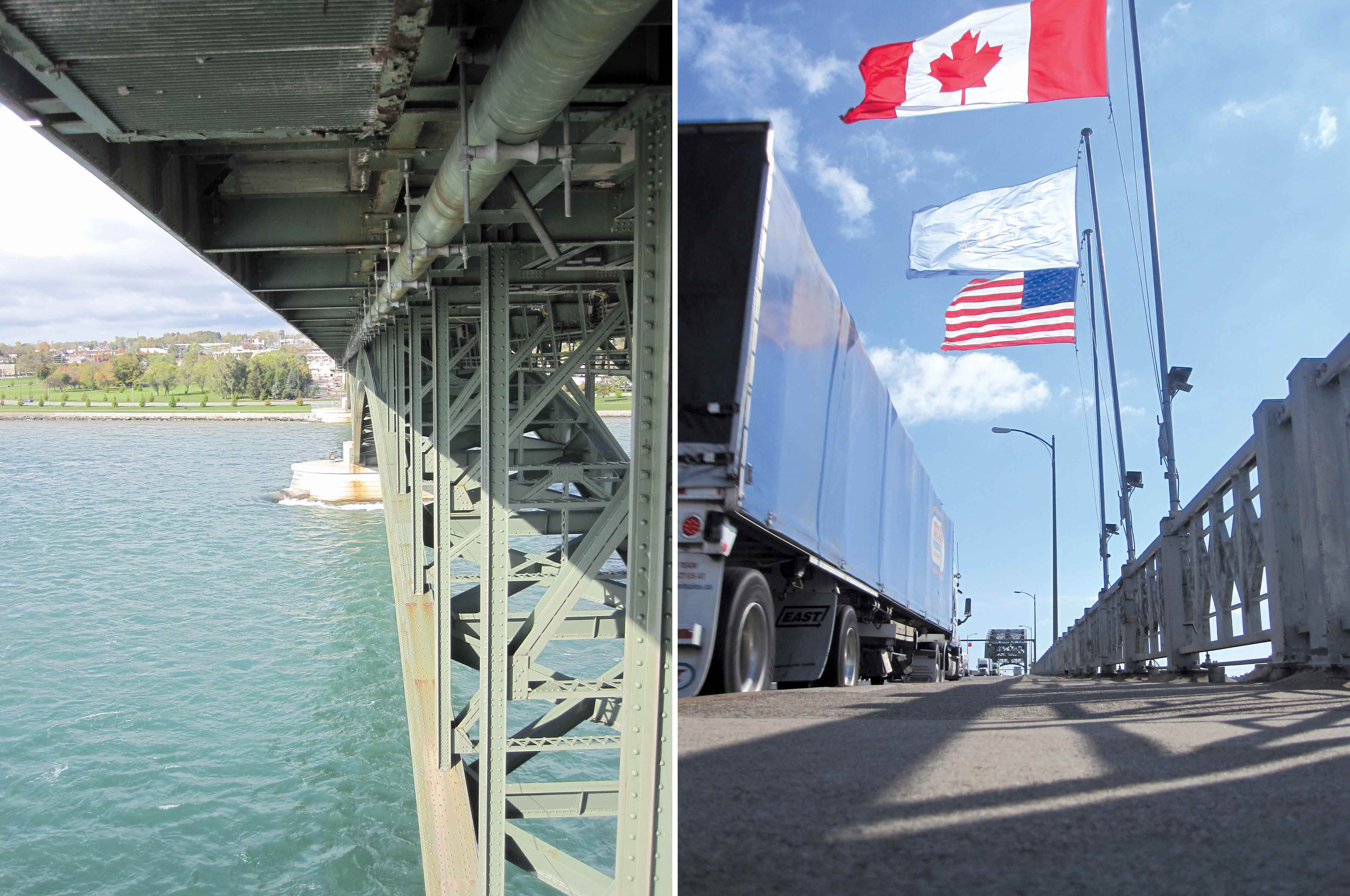 LEFT. The steelwork has been regularly maintained to minimise corrosion; RIGHT. The Peace Bridge has long provided a transport connection between the US and Canada Peace Bridge steelwork