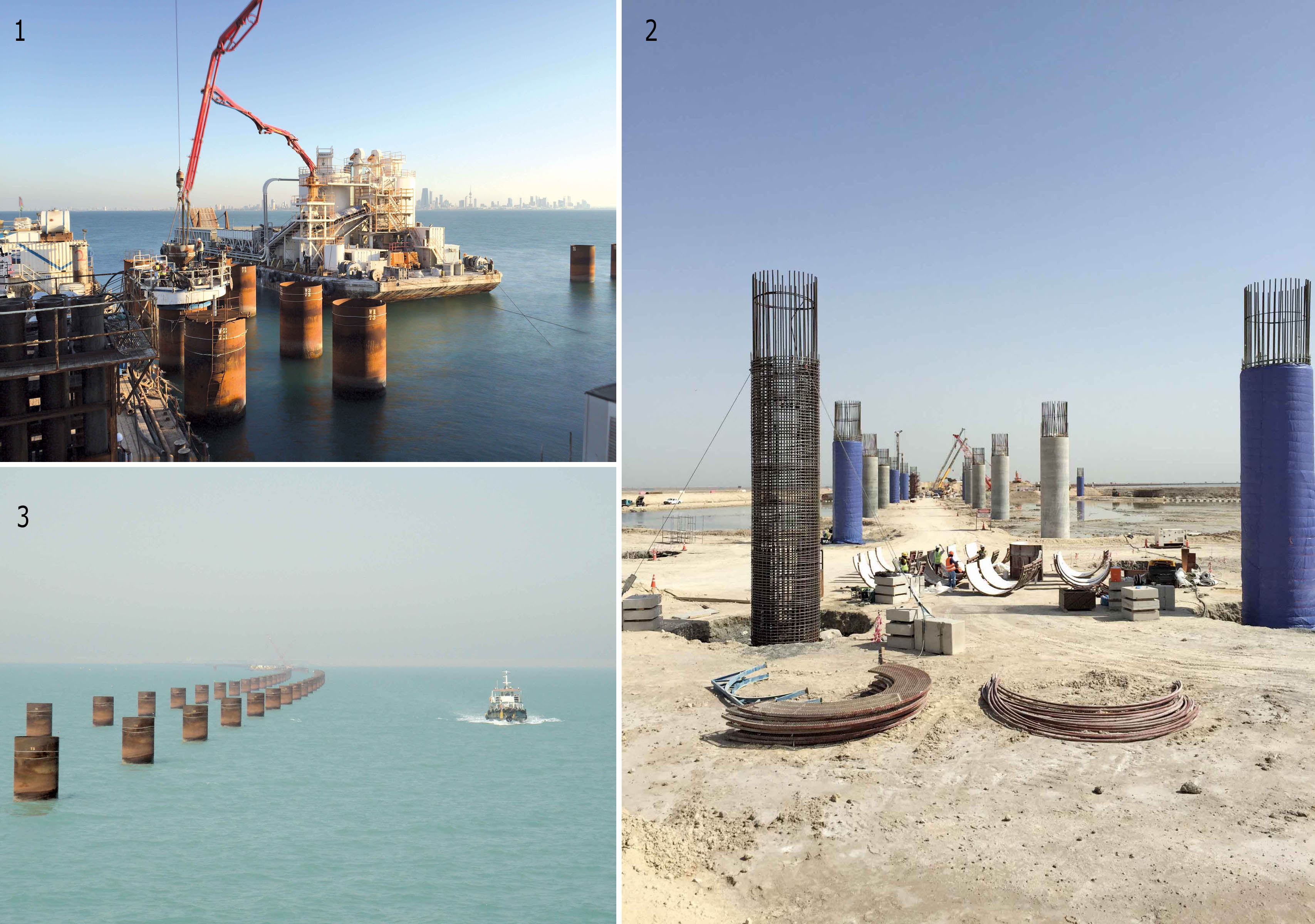 1. Materials are supplied from a barge lying alongside the piling barge 2. The onshore piling operation has been rather less complex 3. Constructing the piles offshore has required a complex working schedule Constructing the piles