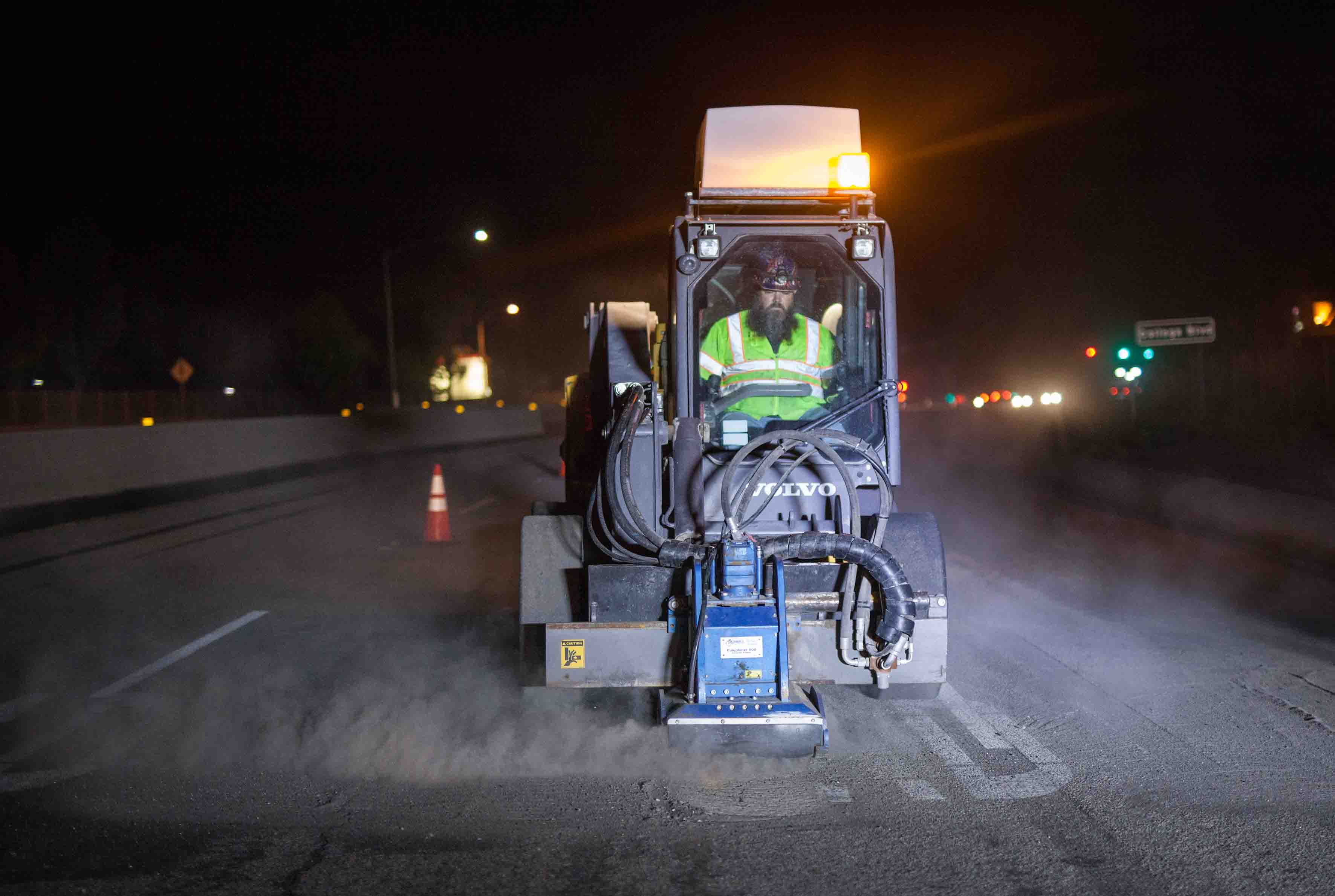 Volvo CE skid steer loaders are being used for road demarcation purposes in California Volvo CE skid steer loader