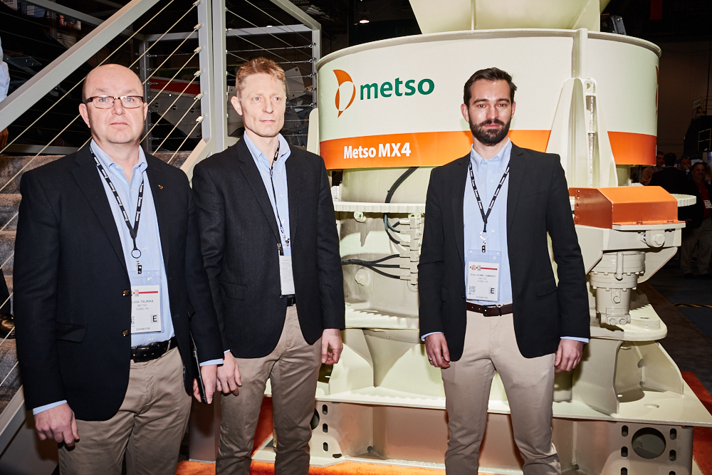 Juha Tiilikka, Metso North & Central America sales support manager for mobile & single crushing & screening units; Jouni Mähönen, Metso VP global communications; Guillaume Lambert, Metso global director crushing products Metso managers and directors with MX4 Cone