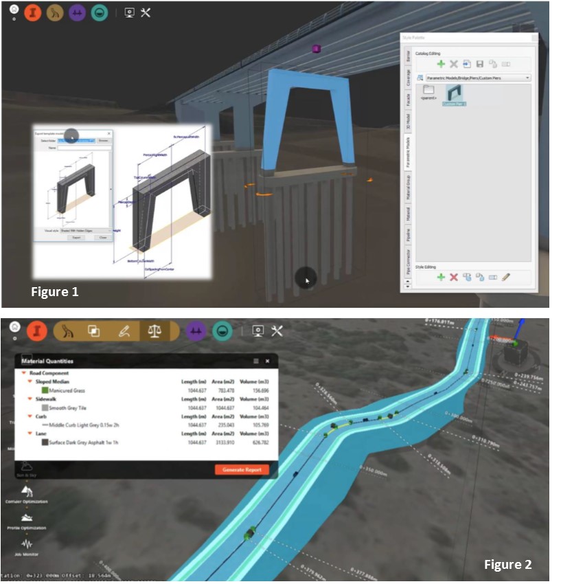 Figure 1: Bridge modelling - custom piers. Image courtesy of Autodesk.
Figure 2 - Material quantities. Image courtesy of Autodesk. Civil 2018 figures 1 and 2