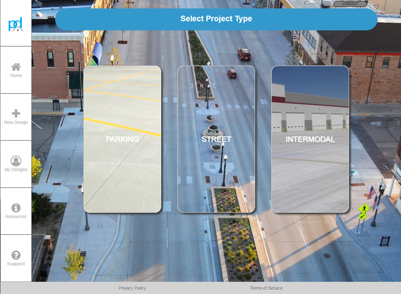 The user of PavementDesigner can select the project type, either parking, street or intermodal facility PavementDesigner-PIC-1.jpg