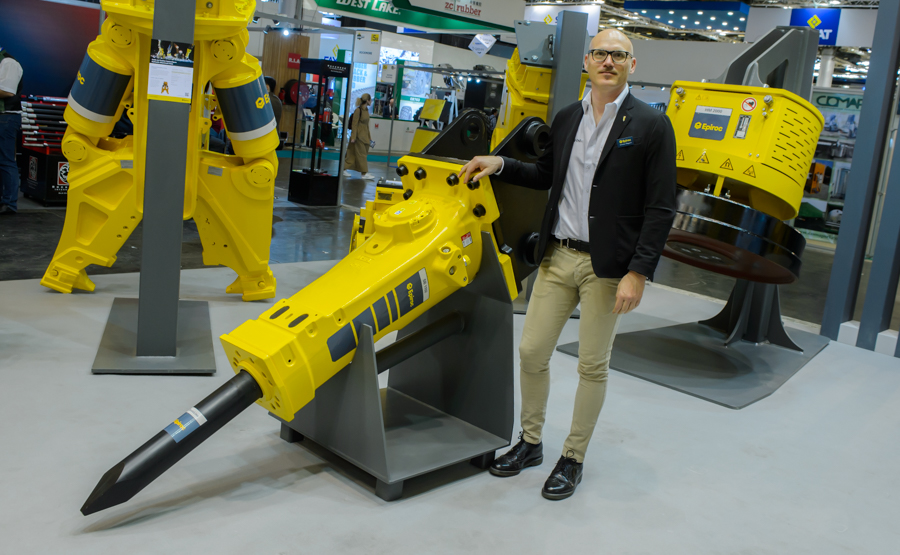 Christian Maggioni, Epiroc regional business line manager hydraulic attachment tools, with the SB 1102 solid body breaker EPIROC-SB1102 Body Breaker-Christian Maggioni-1.jpg