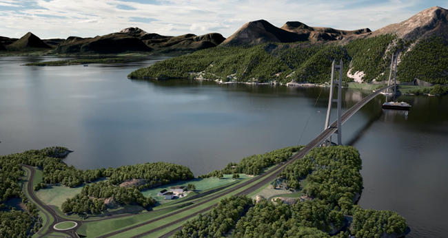 The suspension bridge at Romdals Fjord will be 2km long with a 1,625m central span – image courtesy of Statens Vegvesen romdals 650.png
