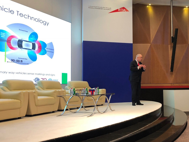 Dr Bill Sowell, chair of the IRF ITS Committee presenting the pathway to autonomous vehicles at a workshop organised in Dubai in October 2018 IRF RTA.jpg