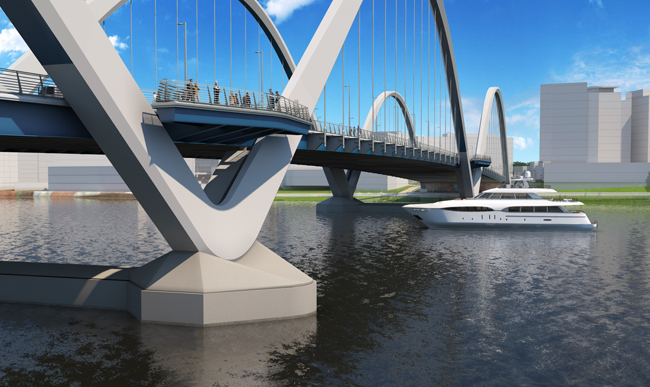 The novel V-pier forms are designed to sit on the piers and are being moved into place using a self-propelled modular transporter VQC-Pier_Detail650.jpg