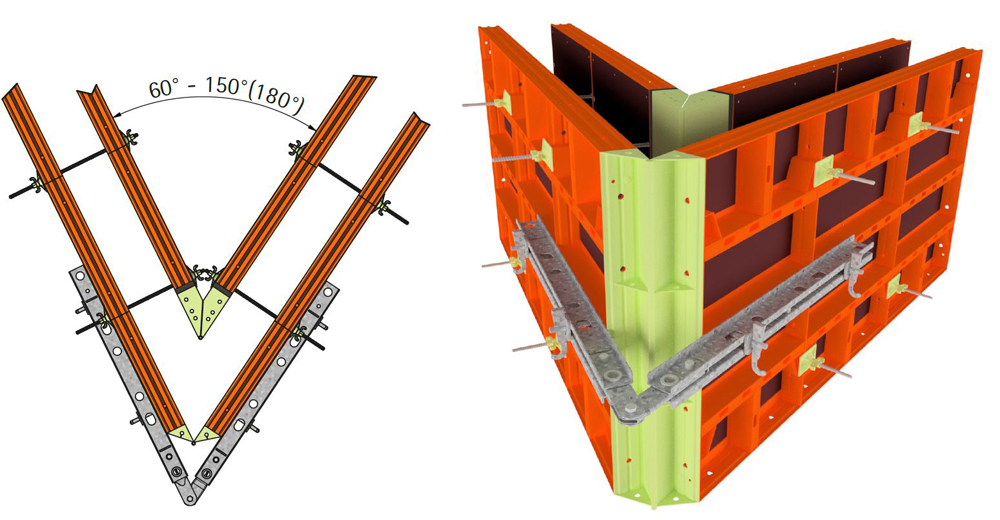 Paschal’s multi-waler hinge fits onto an acute-angled formwork structure Paschal’s multi-waler hinge fits onto an acute-angled formwork structure