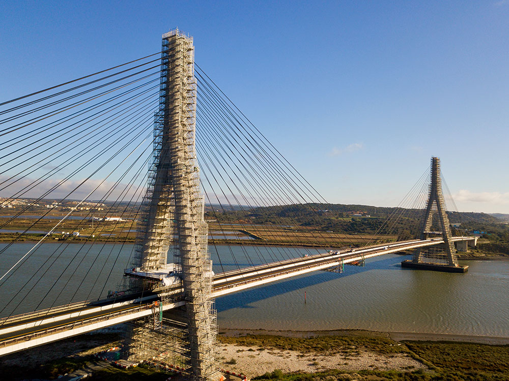The 100m-high pylons of the Guadiana International Bridge were covered with ULMA’s BRIO Modular Scaffolding to facilitate the repair of suspension cables (image courtesy ULMA) The 100m-high pylons of the Guadiana International Bridge were covered with ULMA’s BRIO Modular Scaffolding to facilitate the repair of suspension cables (image courtesy ULMA)