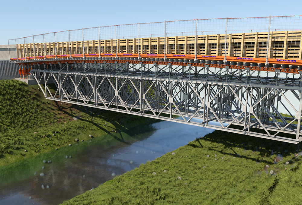 The R800 allows construction of clear spanning and bridging structures by enabling long lattice girders to be assembled quickly and safely (image courtesy RMD Kwikform) The R800 allows construction of clear spanning and bridging structures by enabling long lattice girders to be assembled quickly and safely (image courtesy RMD Kwikform)