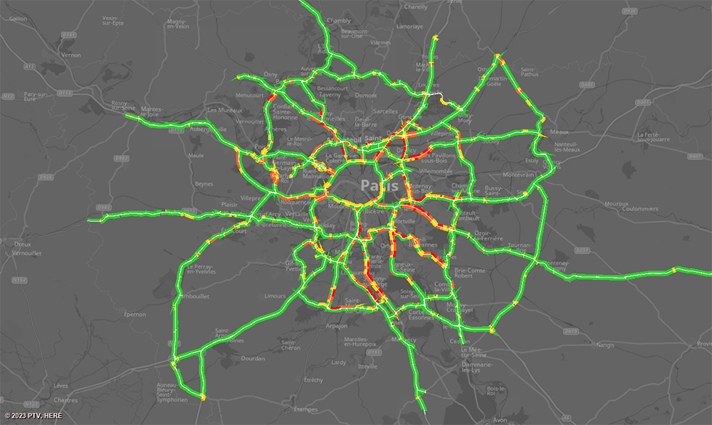 Real-time speeds: floating car data is used by PTV’s real-time software to generate highly accurate real-time information that seamlessly integrates with DiRIF's traffic platform, Sytadin (image courtesy PTV Group) Real-time speeds: floating car data is used by PTV’s real-time software to generate highly accurate real-time information that seamlessly integrates with DiRIF's traffic platform, Sytadin (image courtesy PTV Group)