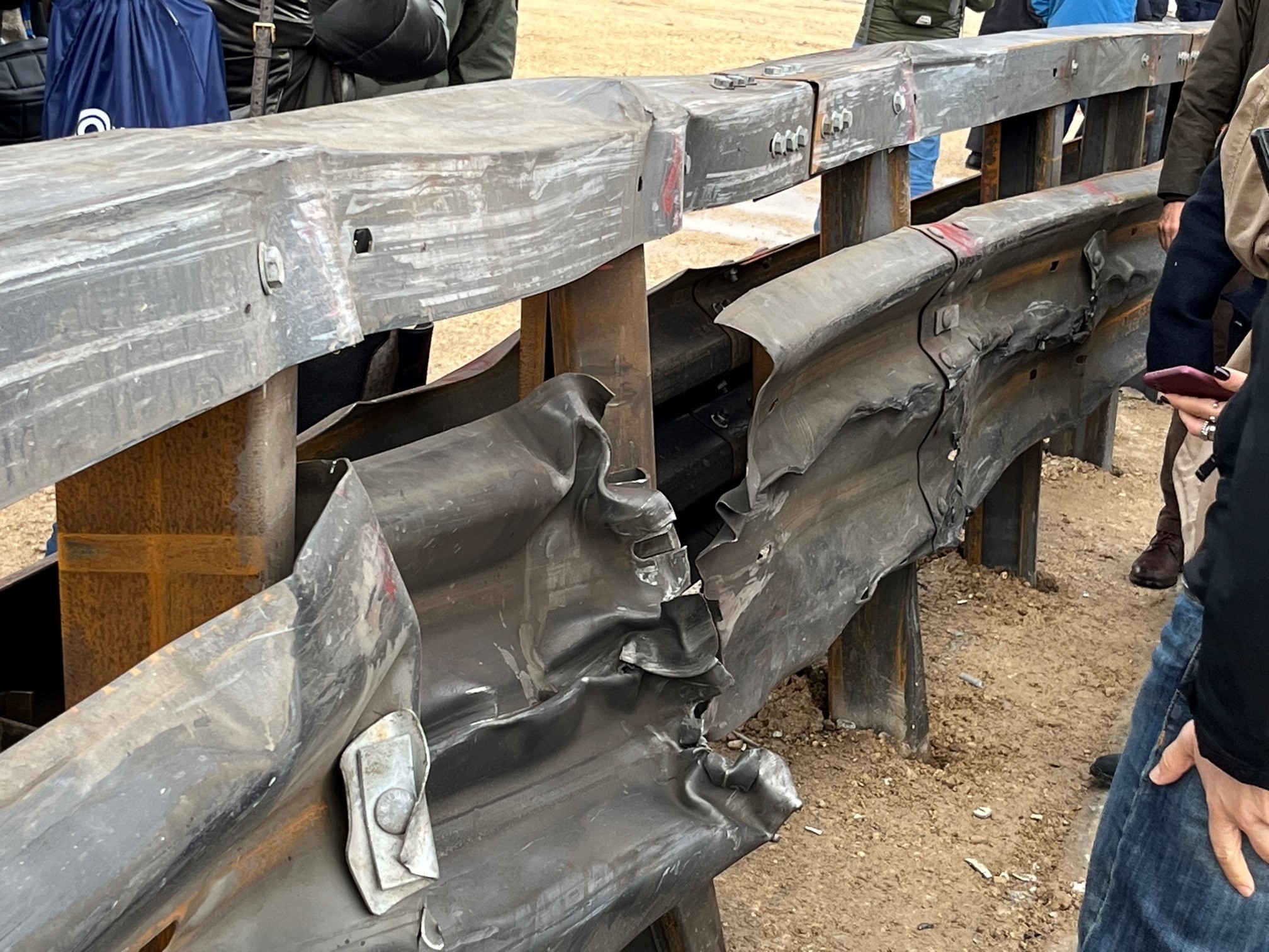 Deformation is part of the safety design aspect of large vehicle restraint systems; in this case after stopping a fully loaded 38-tonne articulated heavy goods vehicle (image David Arminas/World Highways)