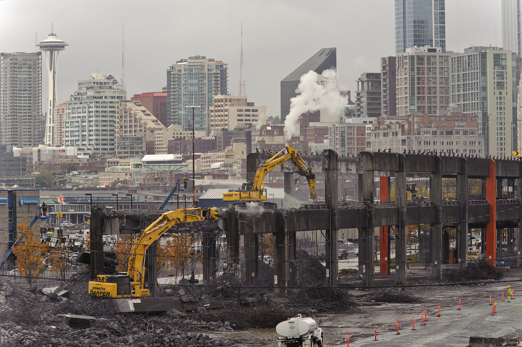 Demolition of the viaduct's southern mile in October 2011 (courtesy Washington State Department of Transportation)
