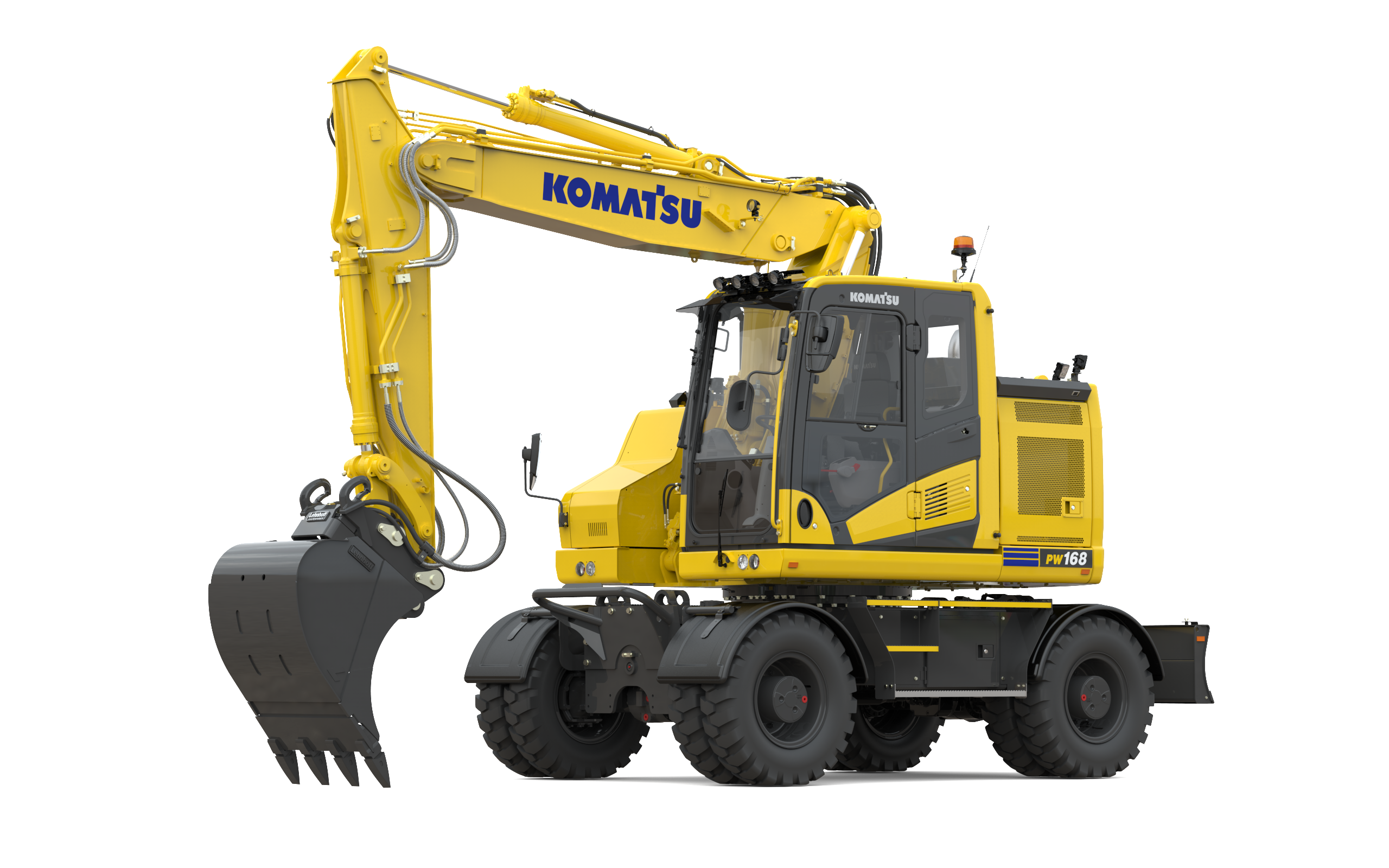 The PW168 and PW198 expand the range of the successful short-tail wheeled excavators in the 16-20t operating weight class