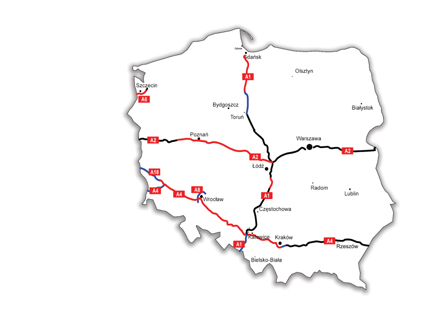 The Polish motorway network in December, 2008, with the existing sections marked in red, and those under construction in blue. Planned roads are in black. The Polish motorway network in December 2008
