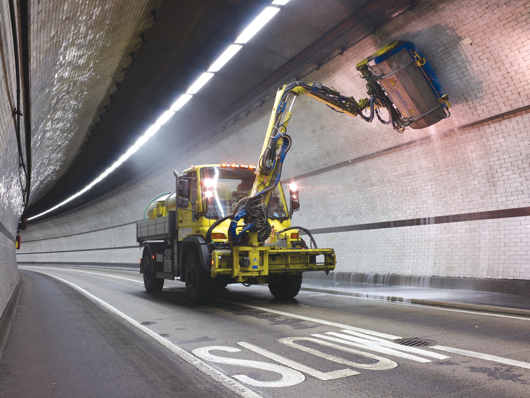 The Mercedes-Benz Unimog U500 with Mulag washing unit shift the grime and stains inside the Rotherhithe and Blackwall Tunnels Tunnel Cleaning