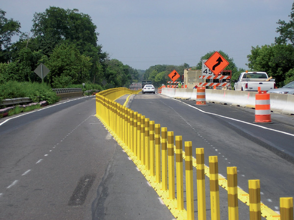 A Pexco lane separation system guides vehicles through changing traffic patterns Pexco lane separation system