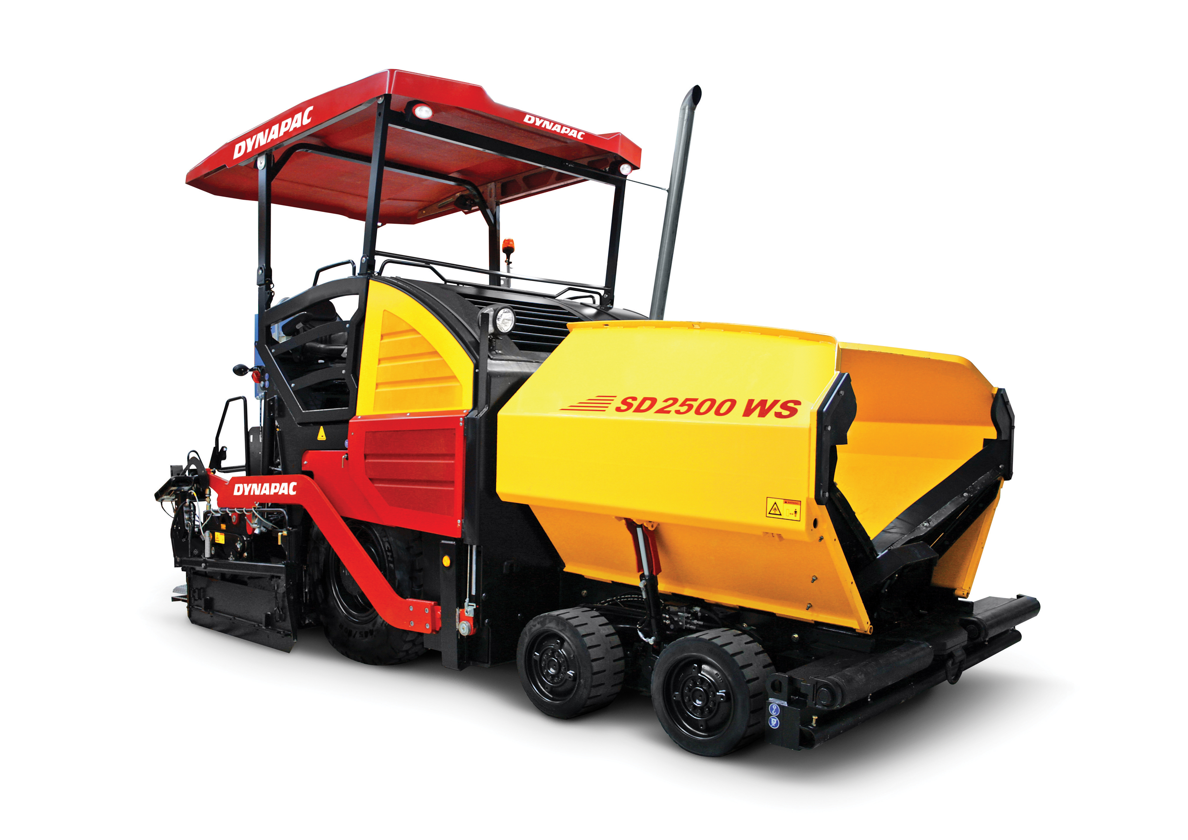 The SD2500WS is the high performance version of Dynapac's new wheeled pavers and features all-wheel drive, allowing it to operate on steeper gradients and poor underfoot conditions Dynapac's SD2500WS
