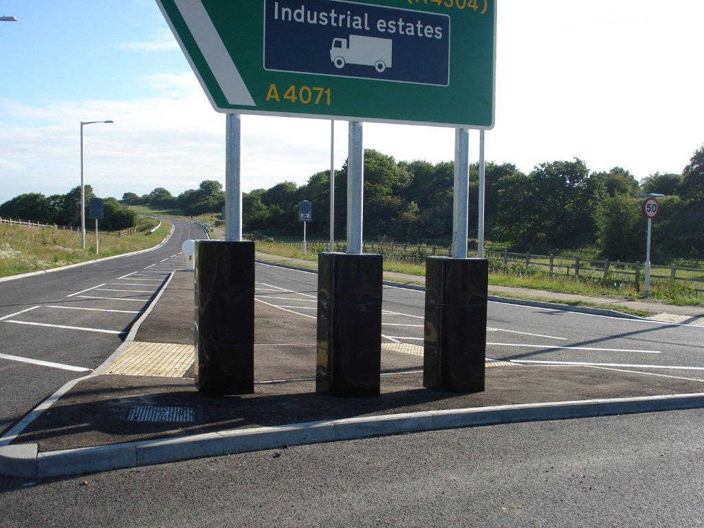 Devices such as these units from SignPost Solutions can also be used at noted danger spots to shroud the posts supporting signs and give additional protection to motorcyclists SignPost Solutions units