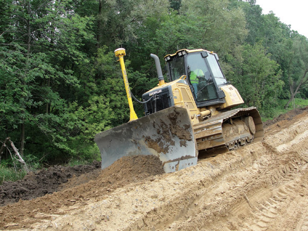 Kalin construction used five machines on site equipped with trimble GPS equipment Caterpillar dozer working