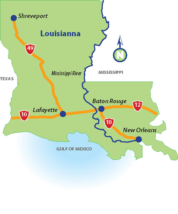 The bridge spans the mighty Mississippi River and lies close to the city of Baton Rouge and just a short distance upstream from New Orleans map of local area containing Huey P Long bridge