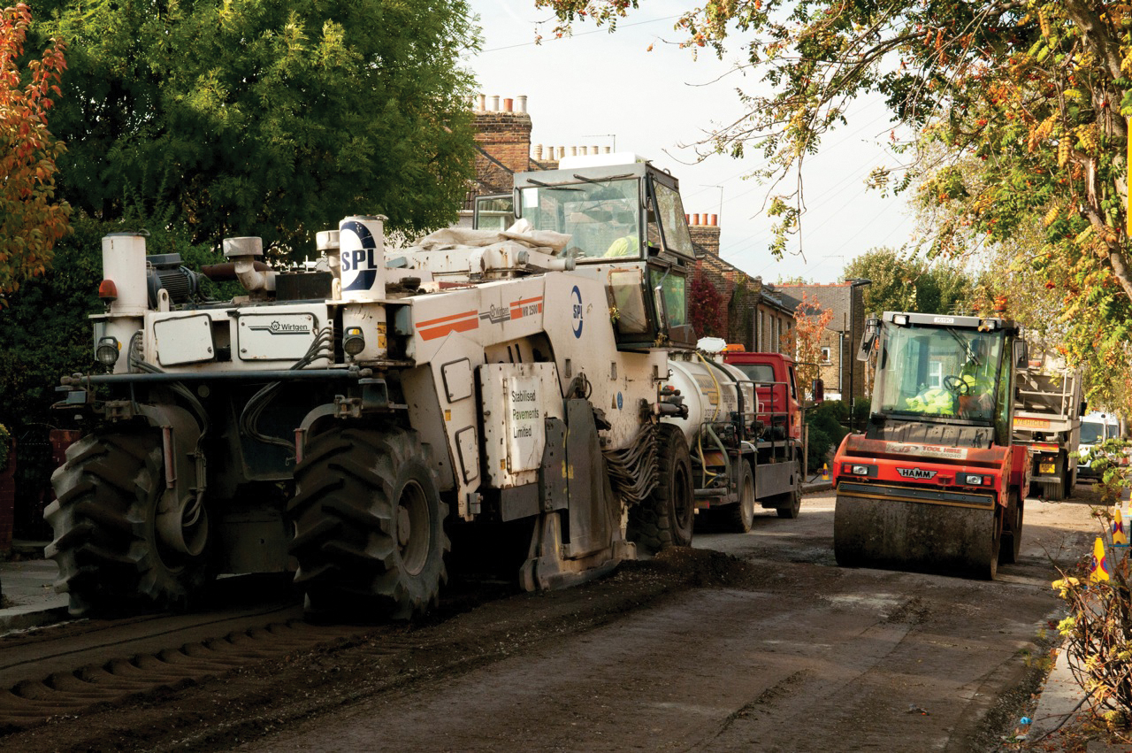 Specialist firm Stabilised Pavements is using its Wirtgen WR 2500 to treat the tar-bound road to a depth of 200mm, while saving an estimated 59tonnes of CO2 emissions WH May 12 P55 1