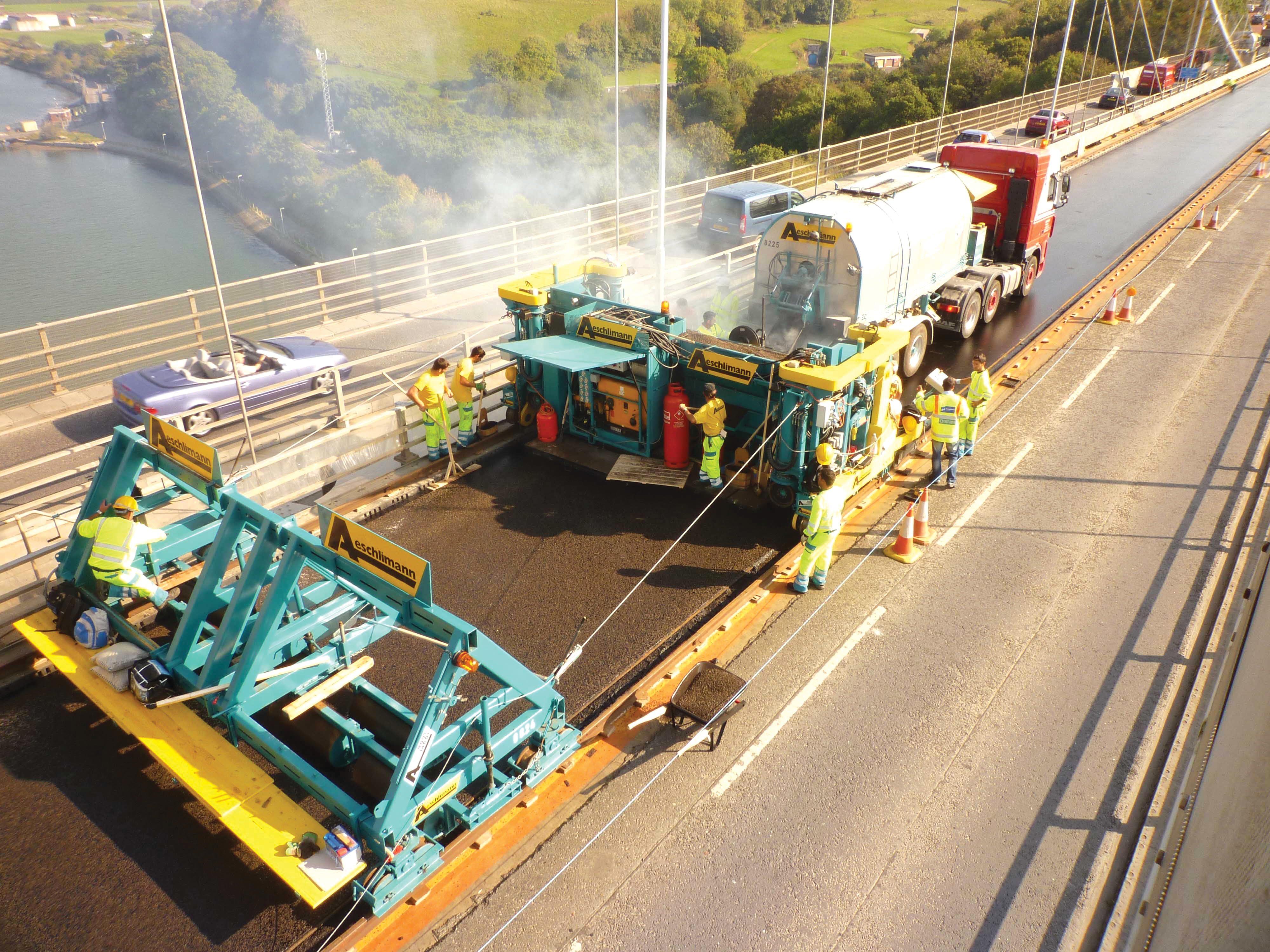 Asphalt laying on the Tamar Bridge, South West England
Asphalt laying on the Tamar Bridge, South West England