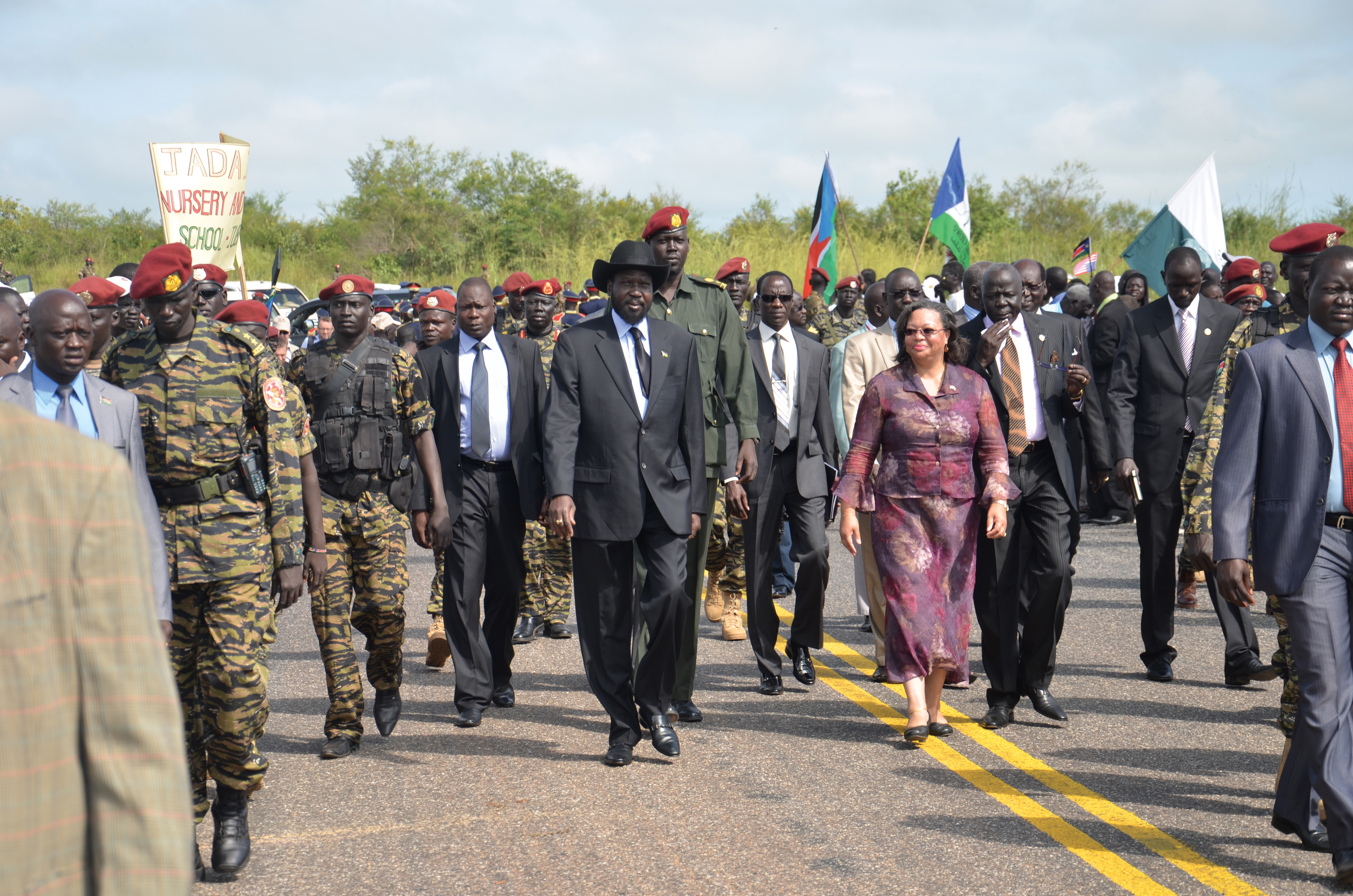 South Sudan President Salva Kiir Mayardit (centre) and US Ambassador to South Sudan Susan D. Page (to his left) on the reconstructed Juba-Nimule road South Sudan President Salva Kiir Mayardit
