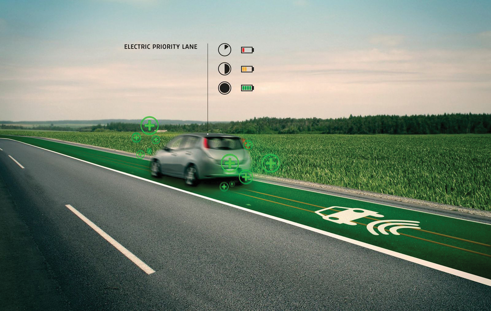 Electric priority lane whereby electric cars are charged via induction while driving Electric priority lane with electric car
