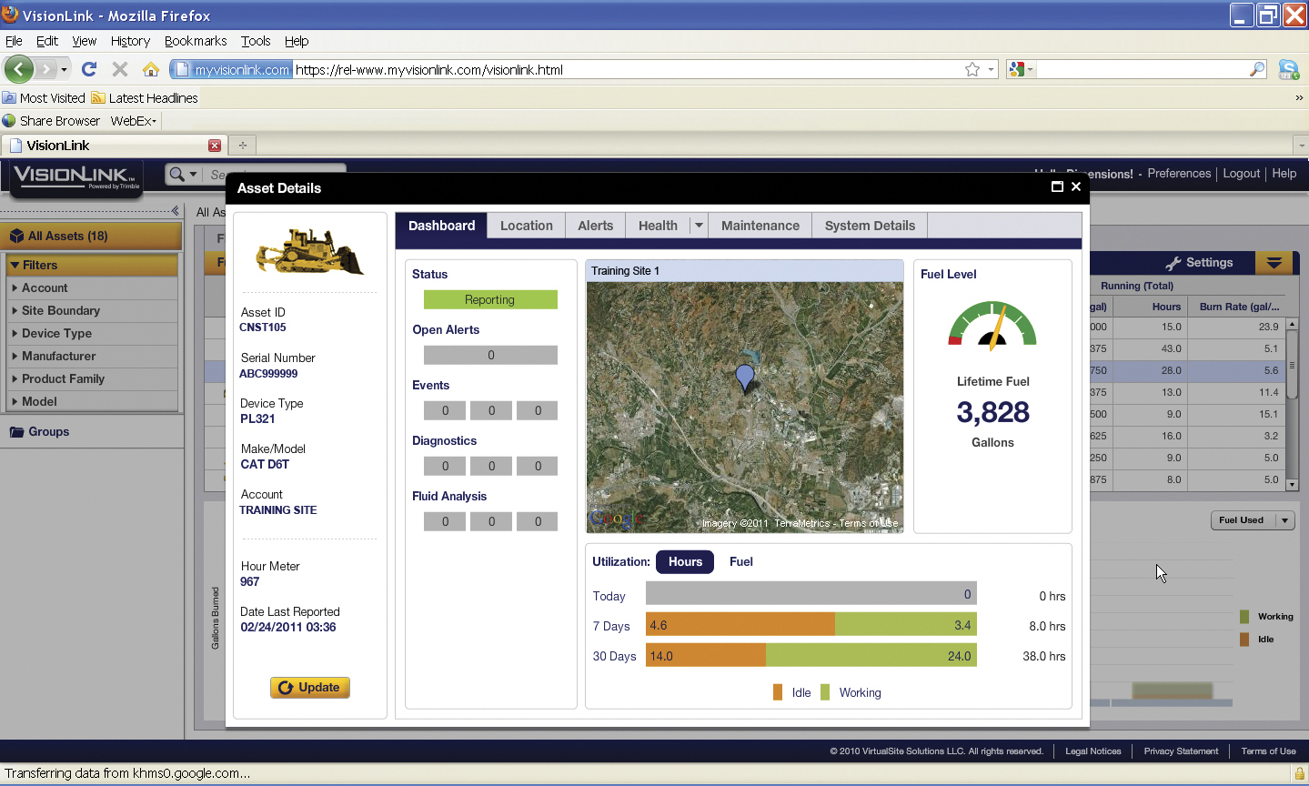 A screen shot of VisionLink in action for fleet and asset management Trimble’s VisionLink
