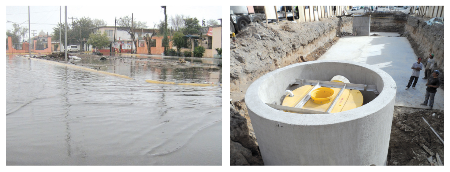 TOP LEFT: The area containing the vital highway drainage project in Monterrey was previously prone to heavy floods. ; TOP RIGHT: Installation of the Hydro Downstream Defender for the innovative highway drainage project in Monterrey, Mexico highway drainage project in Monterrey, Mexico