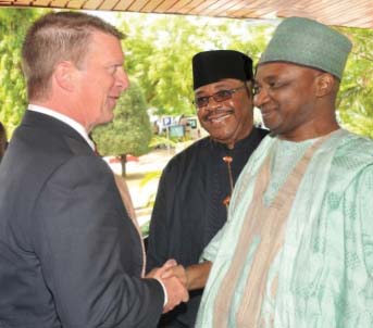 IRF president and CEO C Patrick Sankey is welcomed to Nigeria’s capital Abuja by Nigerian vice president Namadi Sambo Patrick Sankey and Nigerian vice president Namadi Sambo