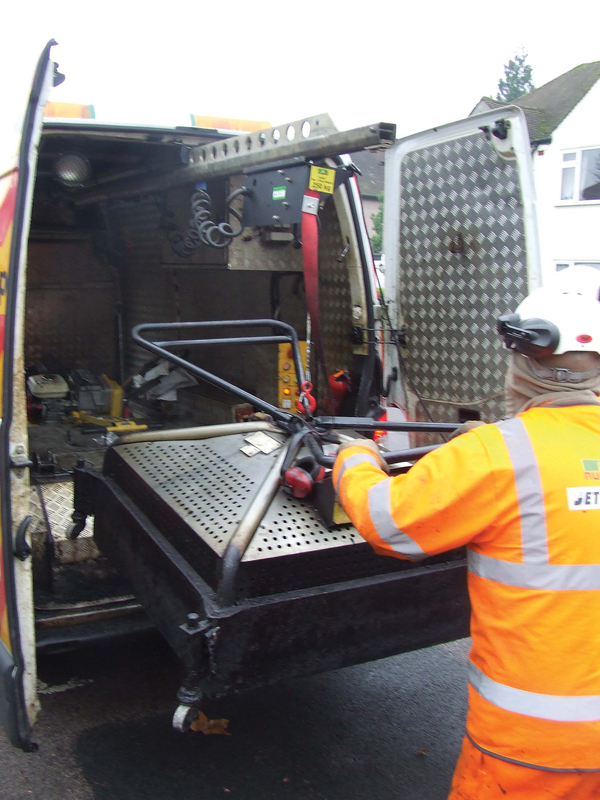 The burner can be easily lifted in and out of the van using a hoist Nuphalt Group Novel Patching Burner