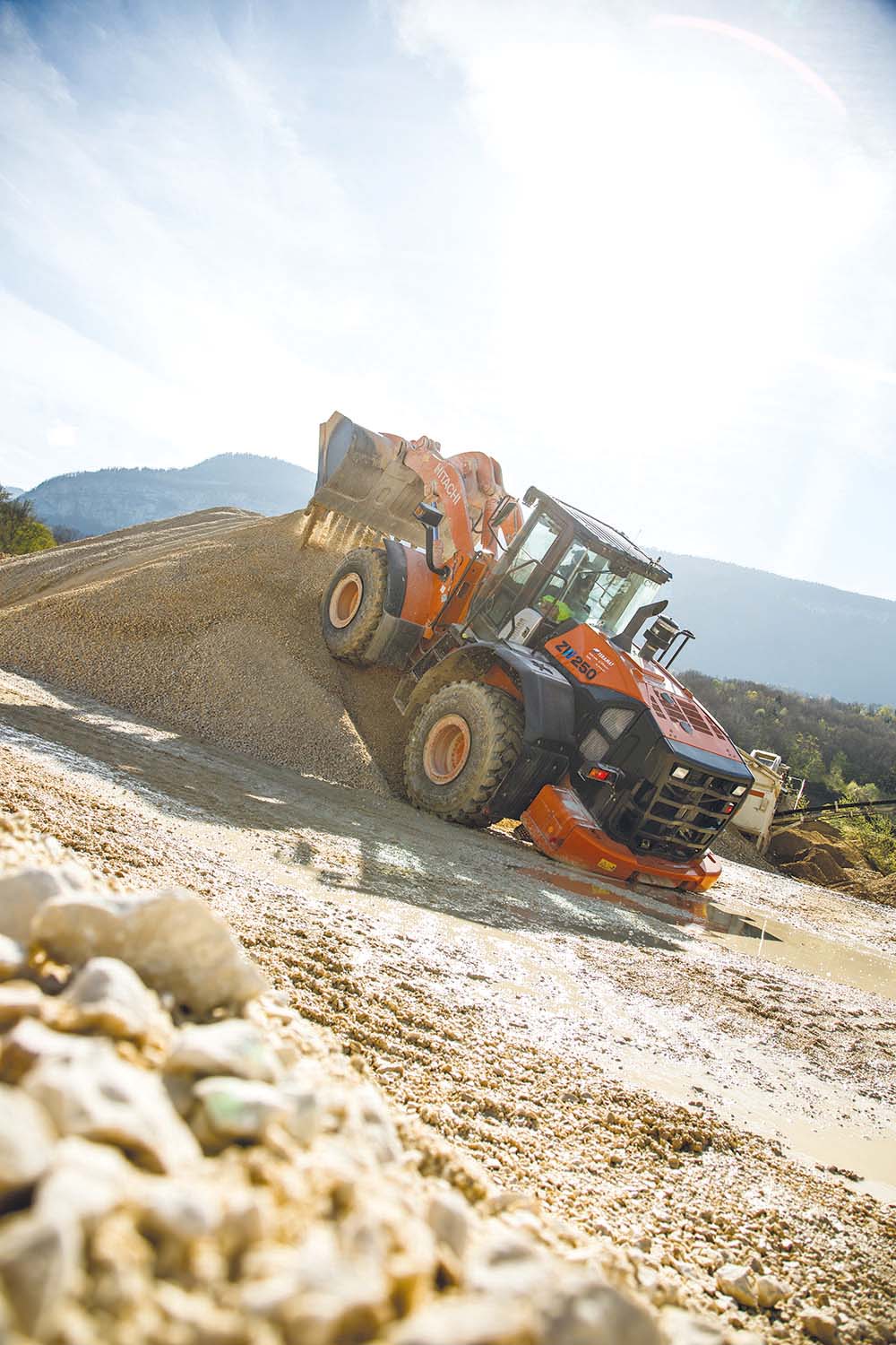 The wheeled loader offers good all-round visibility, a key issue in this quarry application Hitachi ZW250 wheeled loader