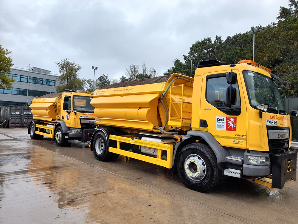 Gritters line up as part of Kent county’s work to spread around 12,500tonnes of grit (image courtesy Amey)