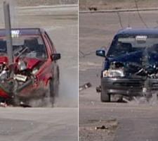 cars crashing into safety signs