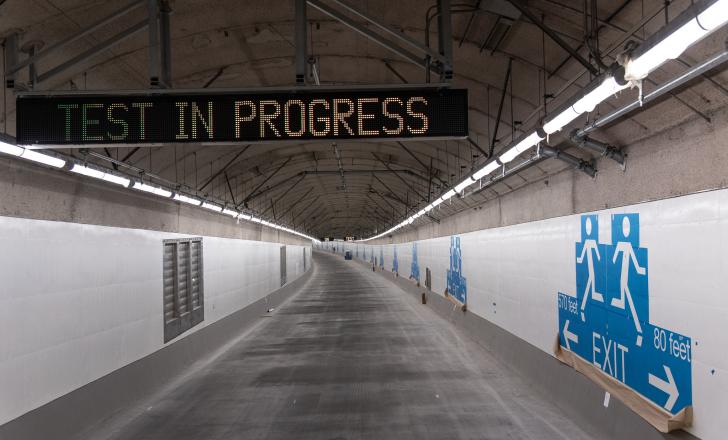 Testing, testing: Seattle Tunnel Partners making sure that equipment and signage operates effectively in the soon-to-open Alaskan Way Tunnel in Seattle (photo courtesy WSDoT) Sept 2018-US-AlaskanWay-1.jpg