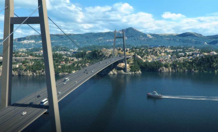 Artist impression of a proposed four-lane Sotra Bridge, a suspension crossing beside the existing two-lane bridge that opened in 1971 (photo courtesy Statens Vegvesen) Jan 2019-NORWAY-SotraLink-EUROnews.jpg