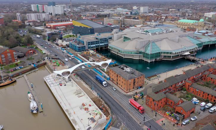 The Princes Quay Bridge for cyclists and pedestrians sits over the A63 in the English city of Hull