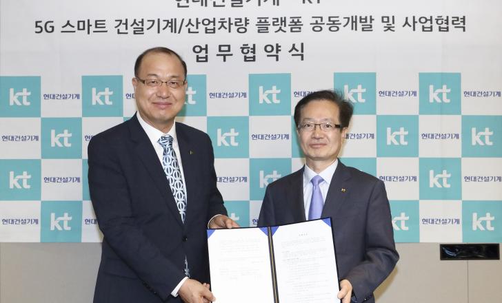 Hyundai CE has signed a Memorandum of Understanding (MOU) with KT regarding the joint development of 5G technology-based solutions for smart construction equipment and material handling (Kong Ki-young, president of Hyundai CE - left, Jeon Hong-beom, vice president of KT – right)