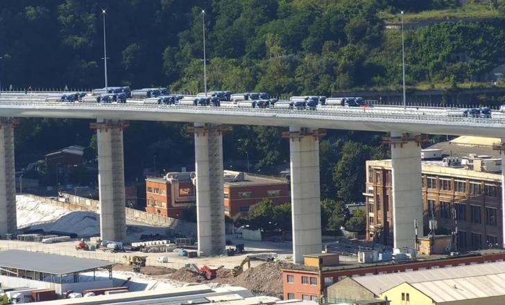 Trucks drive across the San Giorgio Bridge in Italy as part of load testing before the structure opens (photo courtesy Webuild)