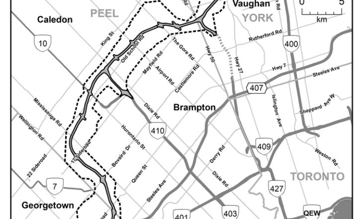 Easier travel across York, Peel and Halton Regions, according to a government map highlighting the GTA West Route Planning Study Area (image courtesy Ontario Ministry of Transportation)