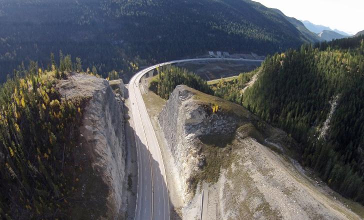 The Cut along the Trans-Canada Highway through Kicking Horse Canyon, a popular tourist route, including for cyclists (photo courtesy BC Ministry of Transportation and Infrastructure)