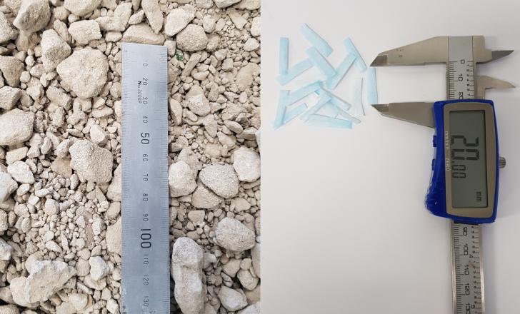 The new material, left, blends recycled concrete aggregate with small strips of shredded disposable face masks, as seen on the right (image courtesy RMIT)