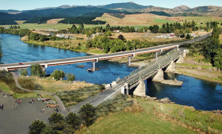 Artist’s impression of the old and new Beaumont bridges over the Clutha River (image courtesy NZTA)