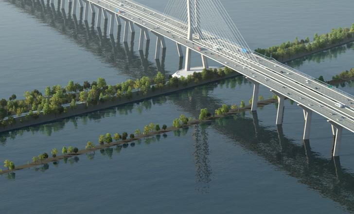 The new Samuel De Champlain Bridge has six vehicle lanes plus two lanes in the middle of for electric commuter trains (image courtesy SSL)